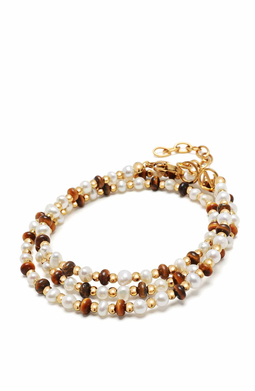 Nialaya Nialaya White Pearl and Brown Tiger Eye Wrap Bracelet