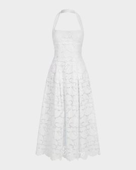NICHOLAS Elisabeth Pleated Lace Halter Midi Dress