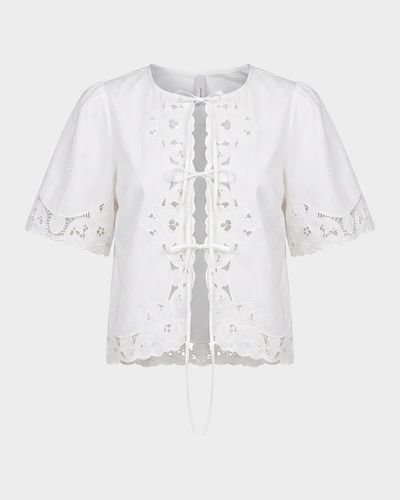 NICHOLAS Isabel Embroidered Tie-Front Cotton Top