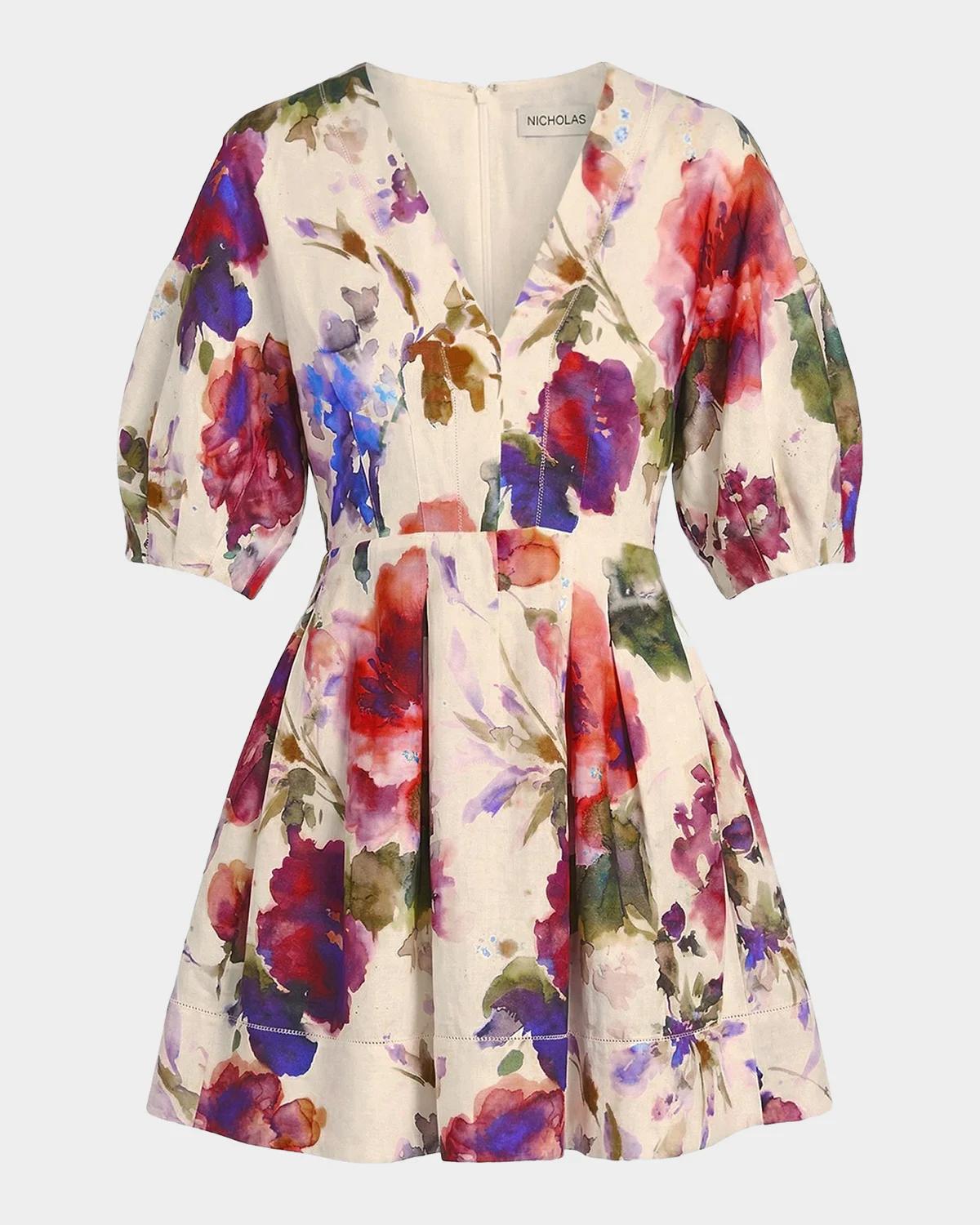 NICHOLAS Josefa Pleated Puff-Sleeve Linen Mini Dress