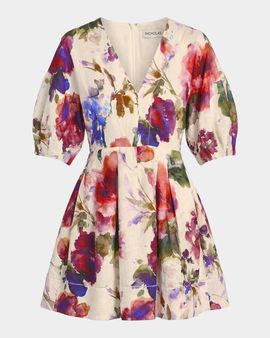 NICHOLAS Josefa Pleated Puff-Sleeve Linen Mini Dress