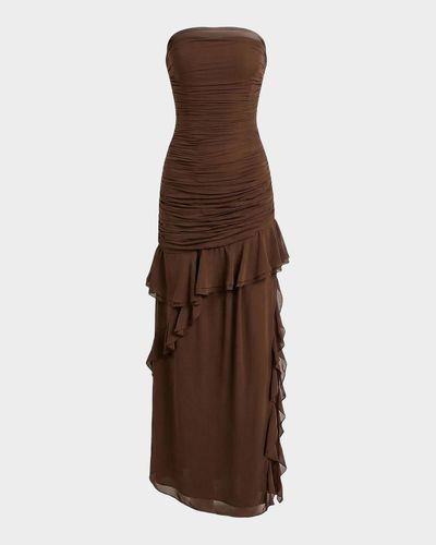 NICHOLAS Viola Ruched Ruffles Strapless Maxi Dress