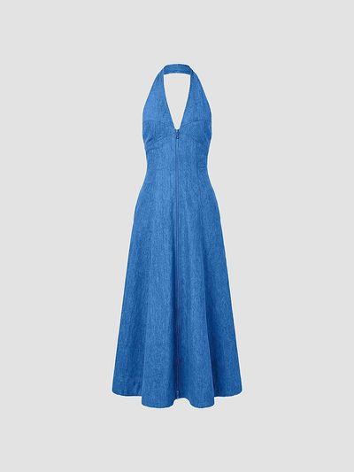 NICHOLAS Women's Elsa Halter Denim Maxi Dress