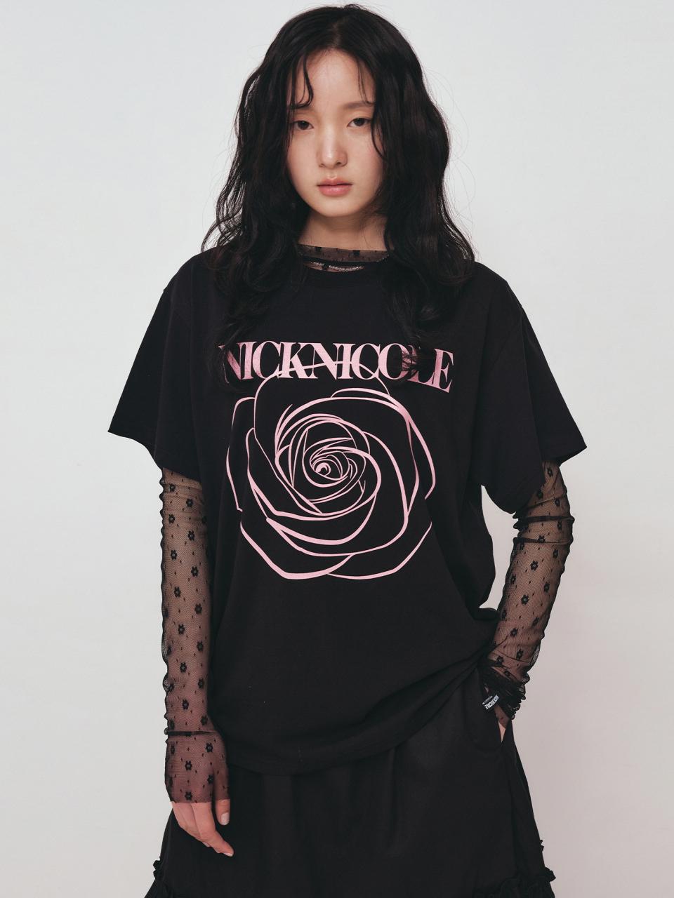 NICK&NICOLE BIG ROSE SLEEVE T-SHIRT [BLACK PINK]