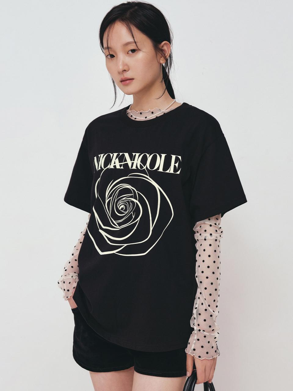 NICK&NICOLE BIG ROSE SLEEVE TOP [BLACK CREAM]