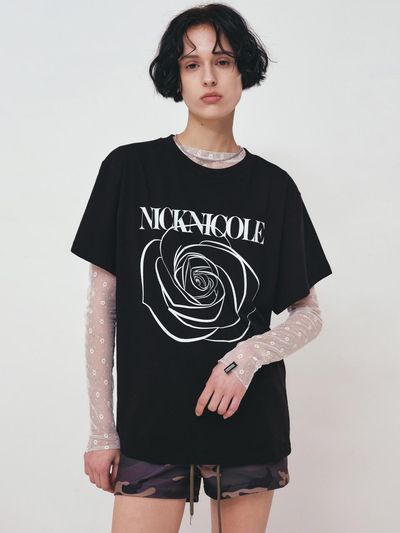 NICK&NICOLE BIG ROSE SLEEVE TOP [BLACK WHITE]