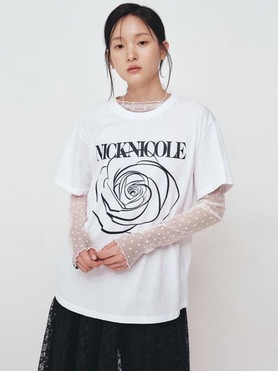 NICK&NICOLE BIG ROSE SLEEVE TOP [WHITE BLACK]