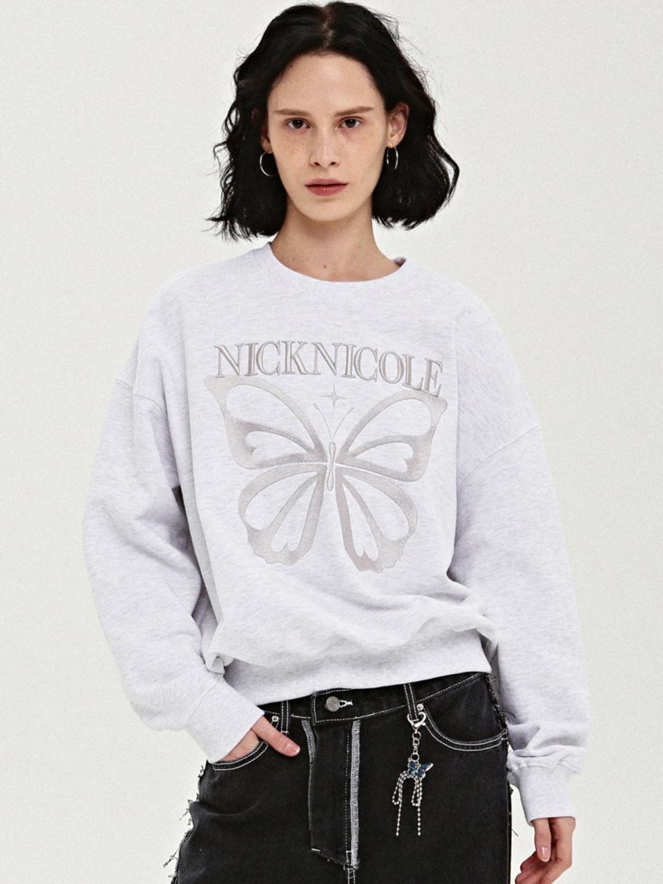 NICK&NICOLE Butterfly Embroidered Premium Cotton-Polyester Sweatshirt [Melange Silver]
