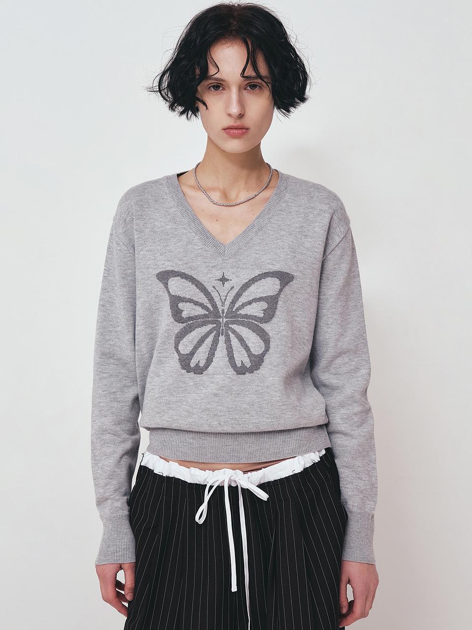 NICK&NICOLE BUTTERFLY V NECK JACQUARD KNIT SWEATER [GRAY]