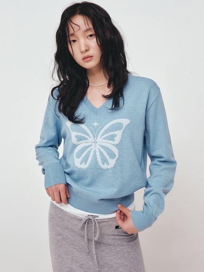 NICK&NICOLE BUTTERFLY V NECK JACQUARD KNIT SWEATER [SKY BLUE]