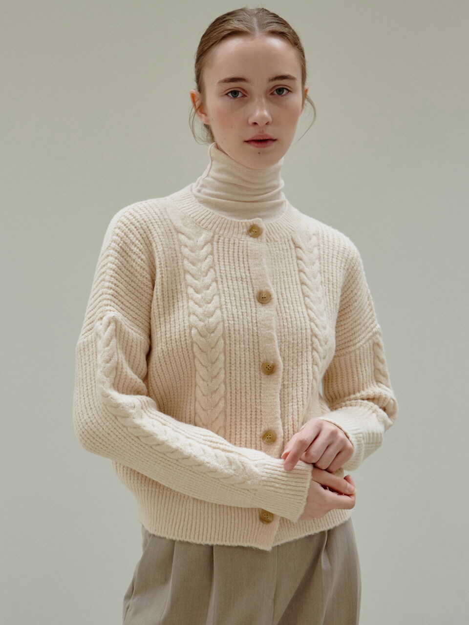 NICK&NICOLE Cable Button Knit Cardigan (Light Beige)