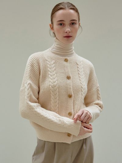 NICK&NICOLE Cable Button Knit Cardigan (Light Beige)
