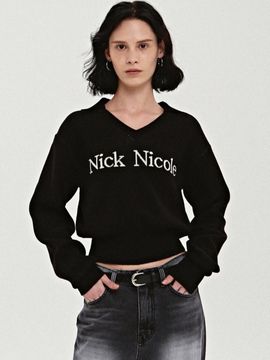 NICK&NICOLE Color Block Collar Cotton Knit [Black]