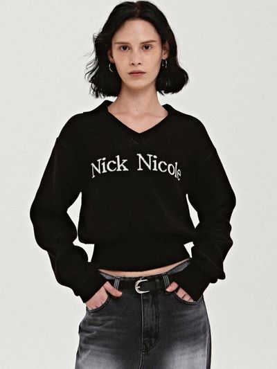NICK&NICOLE Color Block Collar Cotton Knit [Black]