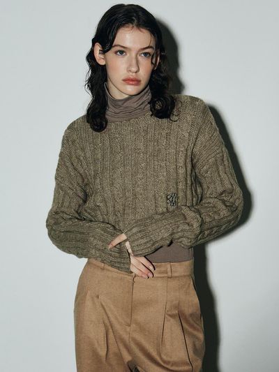 NICK&NICOLE Crop Cable Knit Sweater Top [Brown]