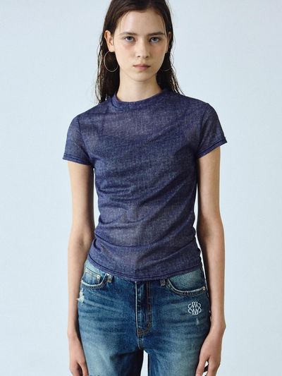 NICK&NICOLE Denim Sheer Cropped Top [Blue]