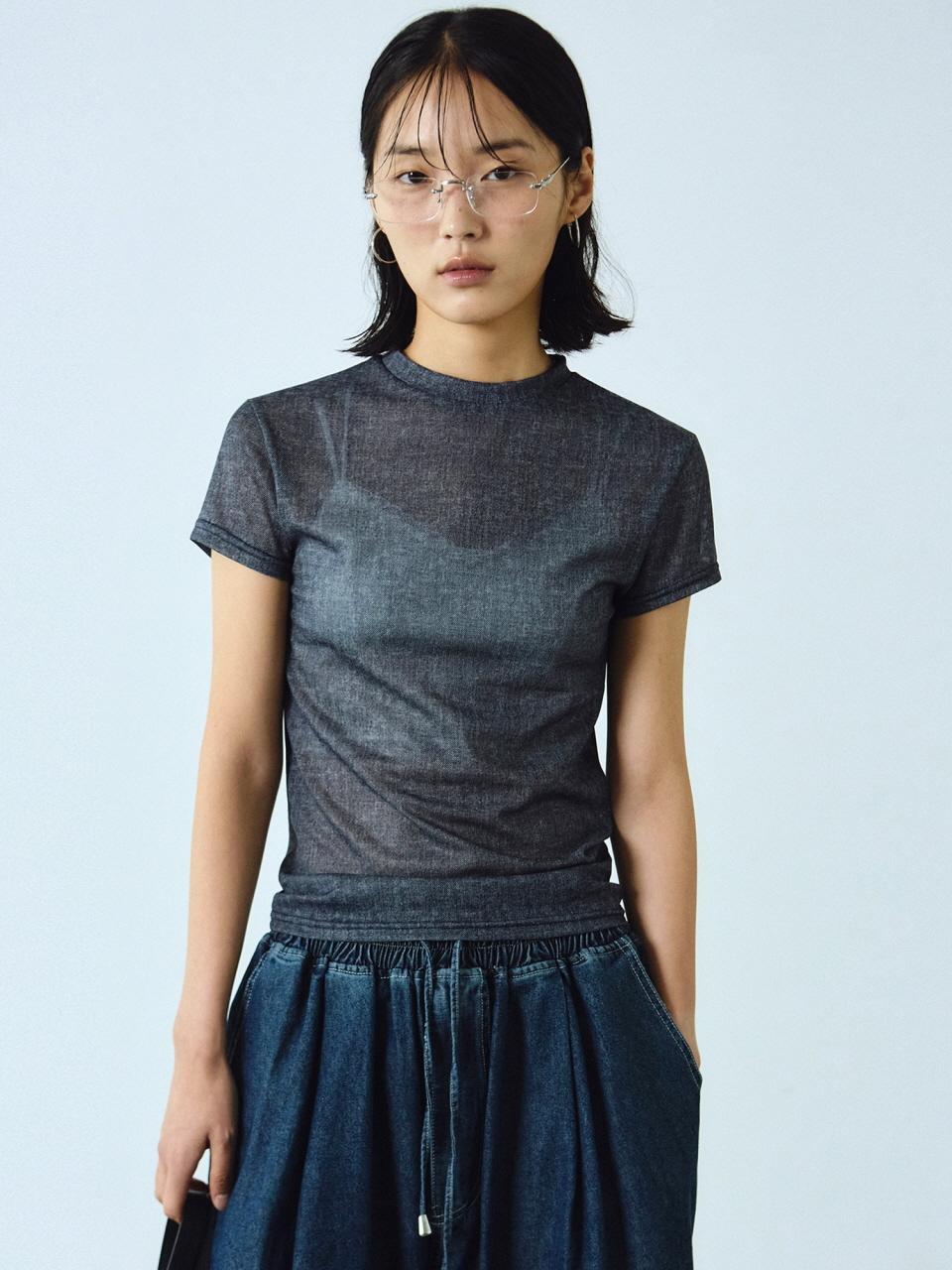 NICK&NICOLE Denim Sheer Half Top [Navy]