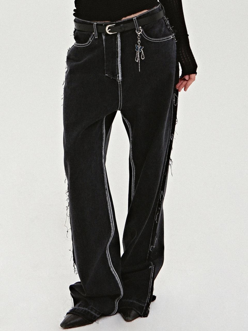 NICK&NICOLE Destroyed Stitch Straight Fit Denim Pants [Dark Blue]