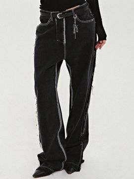 NICK&NICOLE Destroyed Stitch Straight Fit Denim Pants [Dark Blue]