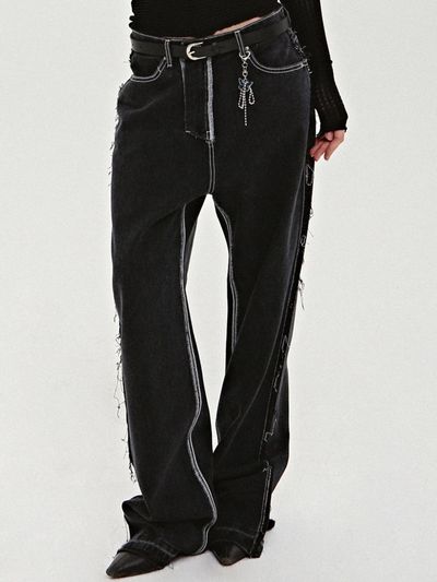 NICK&NICOLE Destroyed Stitch Straight Fit Denim Pants [Dark Blue]