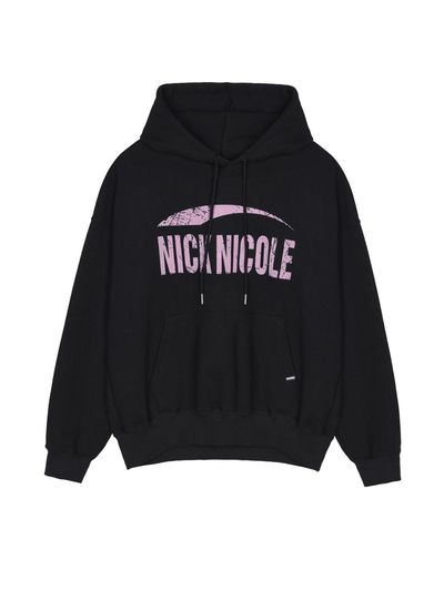 NICK&NICOLE Embossed Logo Oversized Hoodie [Black Pink]