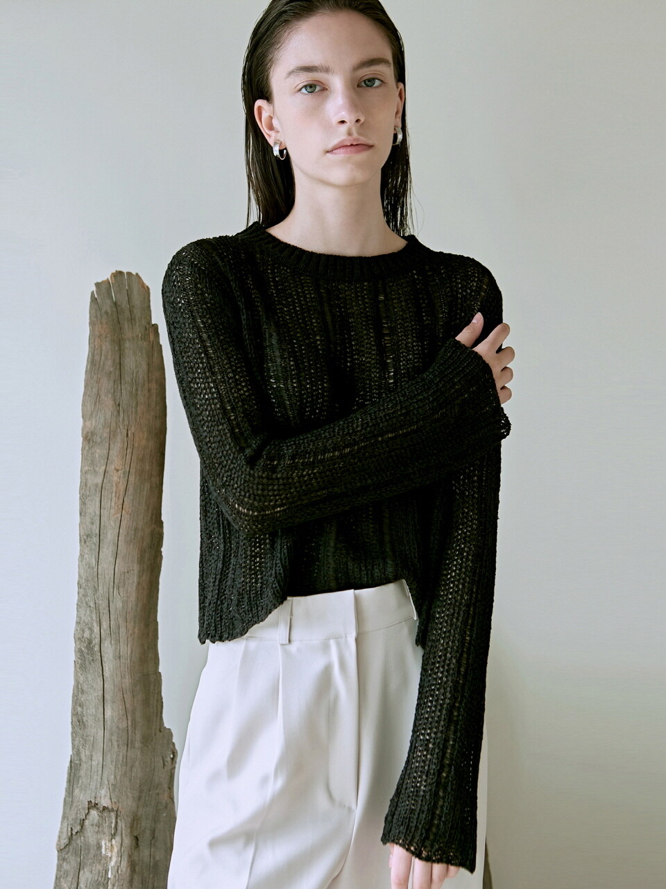 NICK&NICOLE Embroidered Label Net Knit Top (Black)