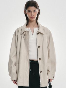 NICK&NICOLE Hidden Button Midi Leather Jacket [Beige]