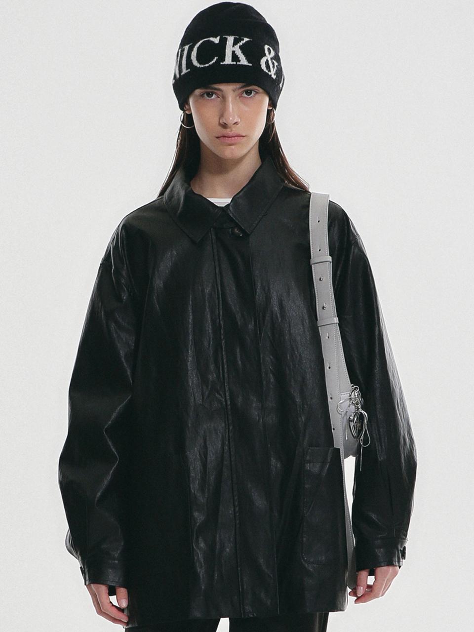 NICK&NICOLE Hidden Button Midi Leather Jacket [Black]