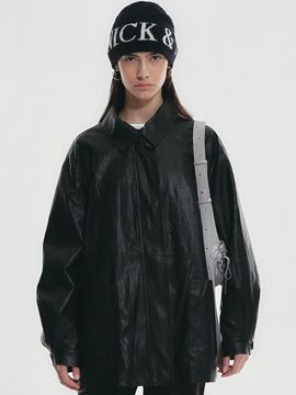 NICK&NICOLE Hidden Button Midi Leather Jacket [Black]
