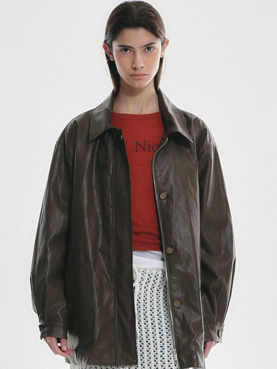 NICK&NICOLE Hidden Button Midi Leather Jacket [Brown]