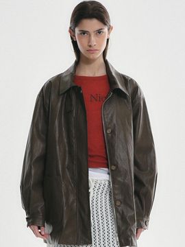 NICK&NICOLE Hidden Button Midi Leather Jacket [Brown]