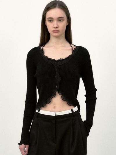 Nick&Nicole Lace Frill Cropped Essential Cardigan [Black]