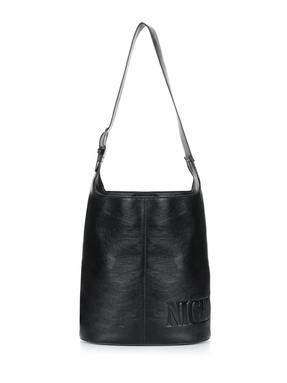 NICK&NICOLE Leather Buckle Round Bucket Bag [Black]
