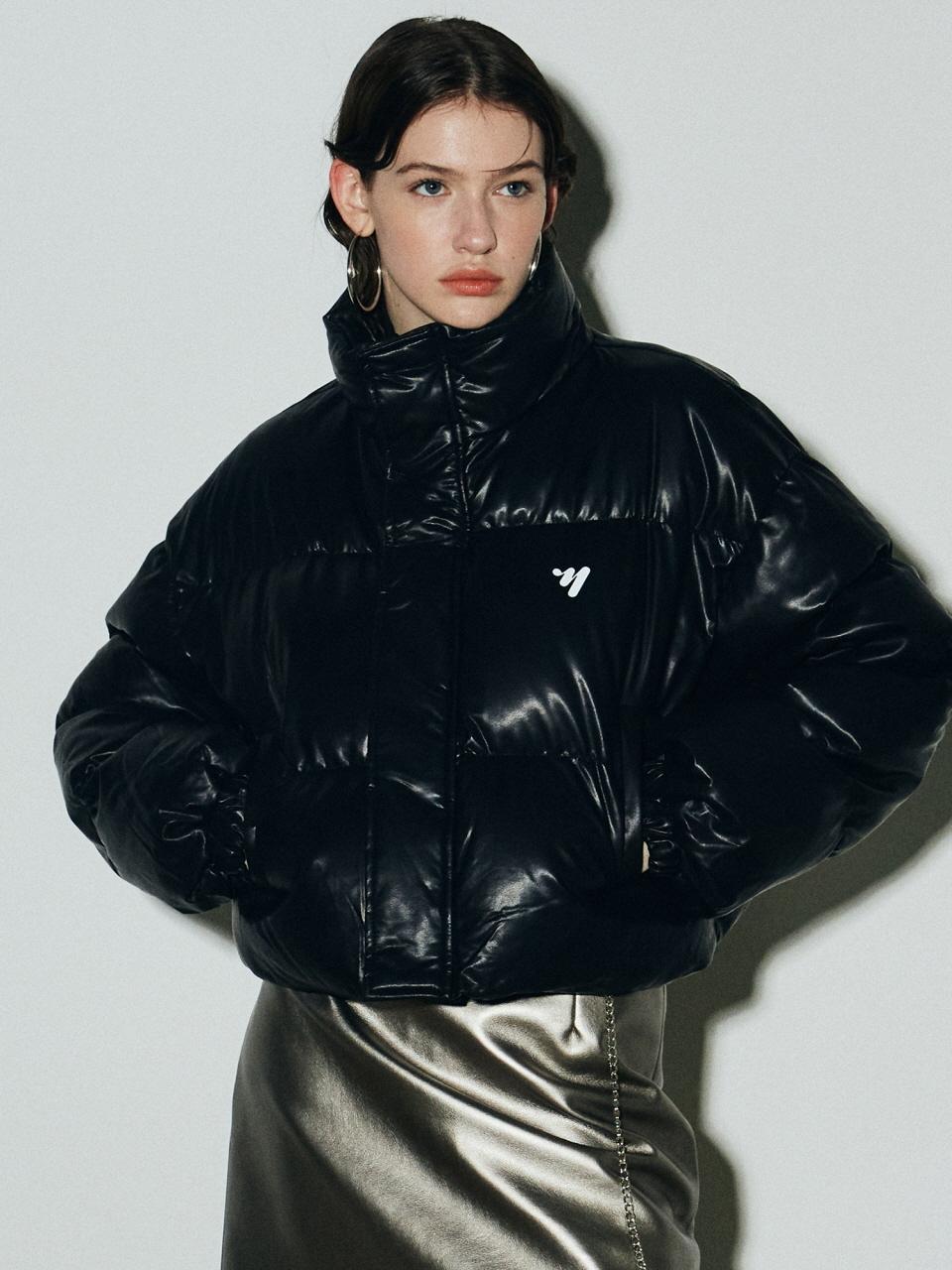 NICK&NICOLE LEATHER CROP PUFFER PADDING JACKET [BLACK]