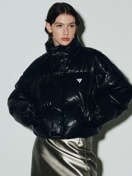 NICK&NICOLE LEATHER CROP PUFFER PADDING JACKET [BLACK]