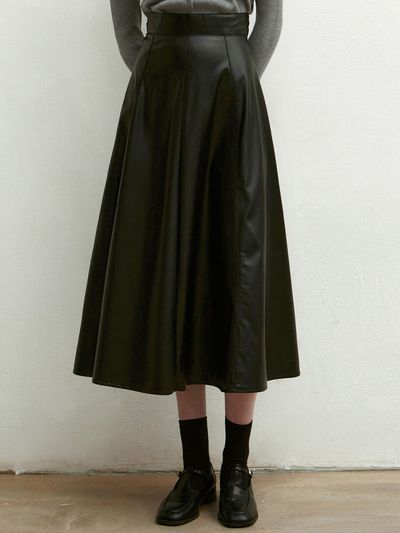 NICK&NICOLE Leather Flared Skirt_Black
