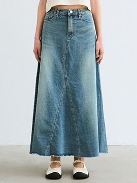 NICK&NICOLE Line Flare Long Denim Skirt [Blue]
