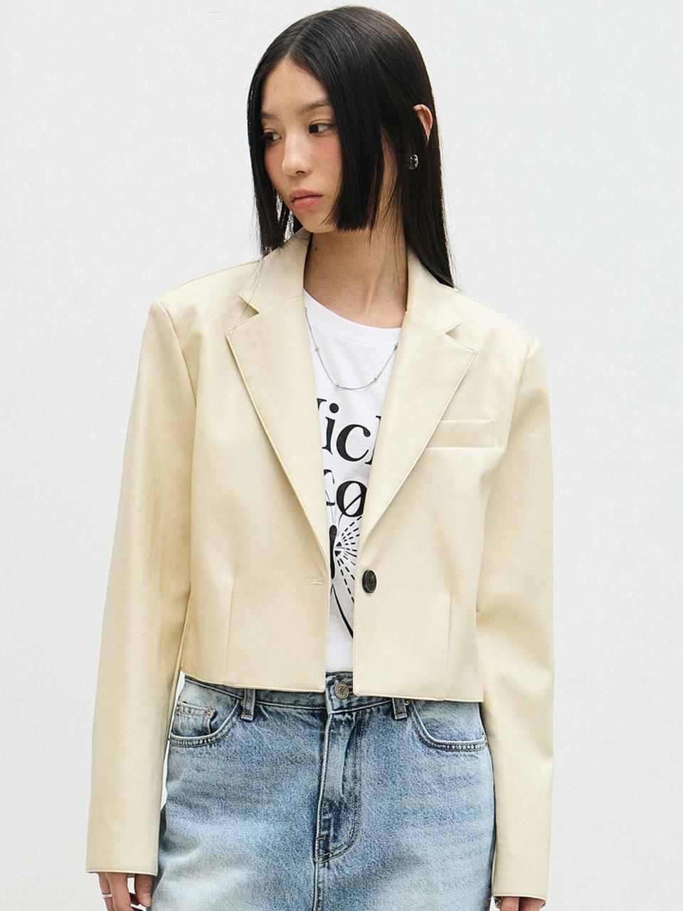 NICK&NICOLE One Button Crop Tailored Leather Jacket [Beige]