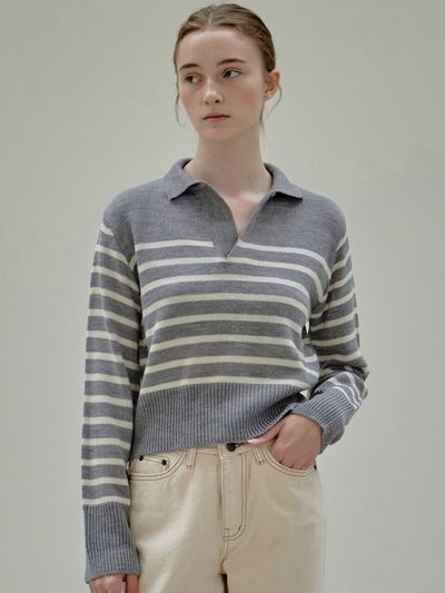 NICK&NICOLE Open Collar Stripe Sweater (Gray)
