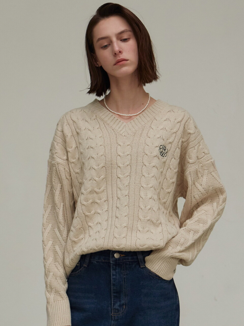 NICK&NICOLE Oversized V Neck Knit Top (Beige)