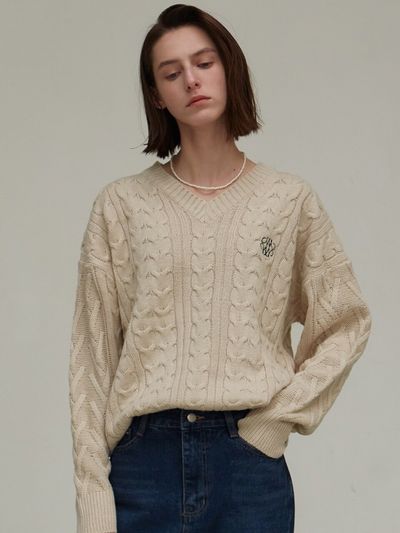 NICK&NICOLE Oversized V Neck Knit Top (Beige)