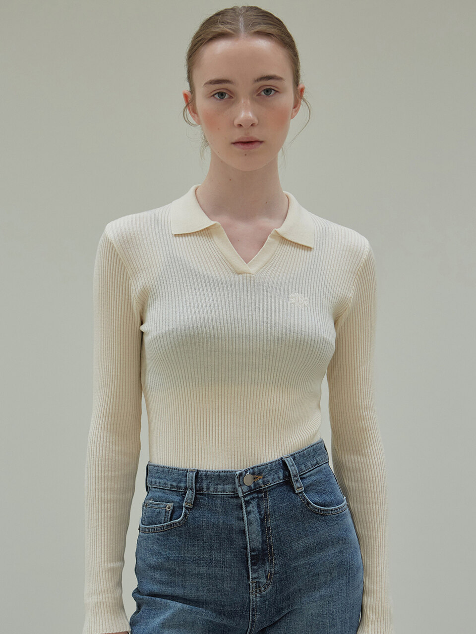 NICK&NICOLE Ribbed Open Collar Knit Top (Cream)