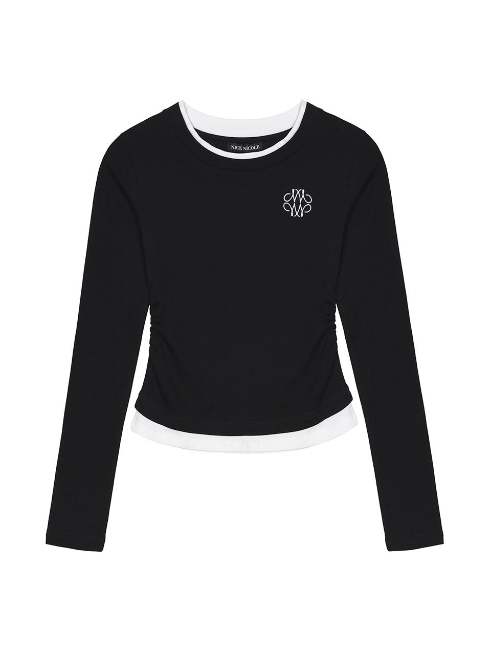NICK&NICOLE Shirring Double Layered Long Sleeve Top [Black]