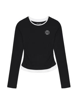 NICK&NICOLE Shirring Double Layered Long Sleeve Top [Black]