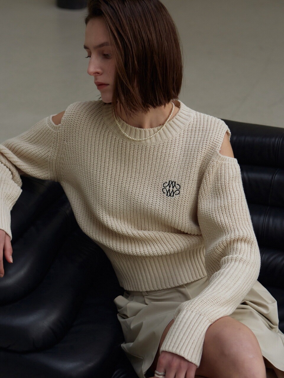 NICK&NICOLE Shoulder Cut Out Knit Top (Light Beige)