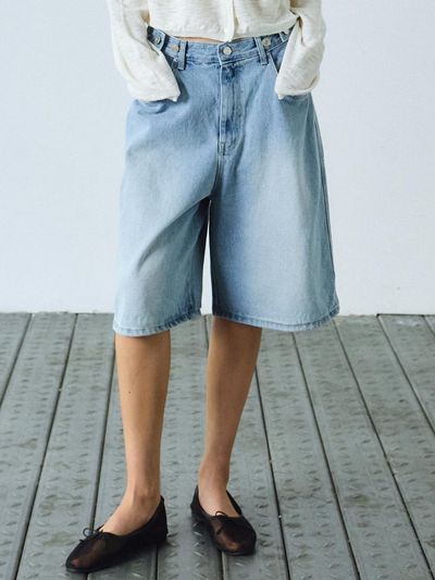 NICK&NICOLE Snap Button Wide Leg Bermuda Pants [Blue]