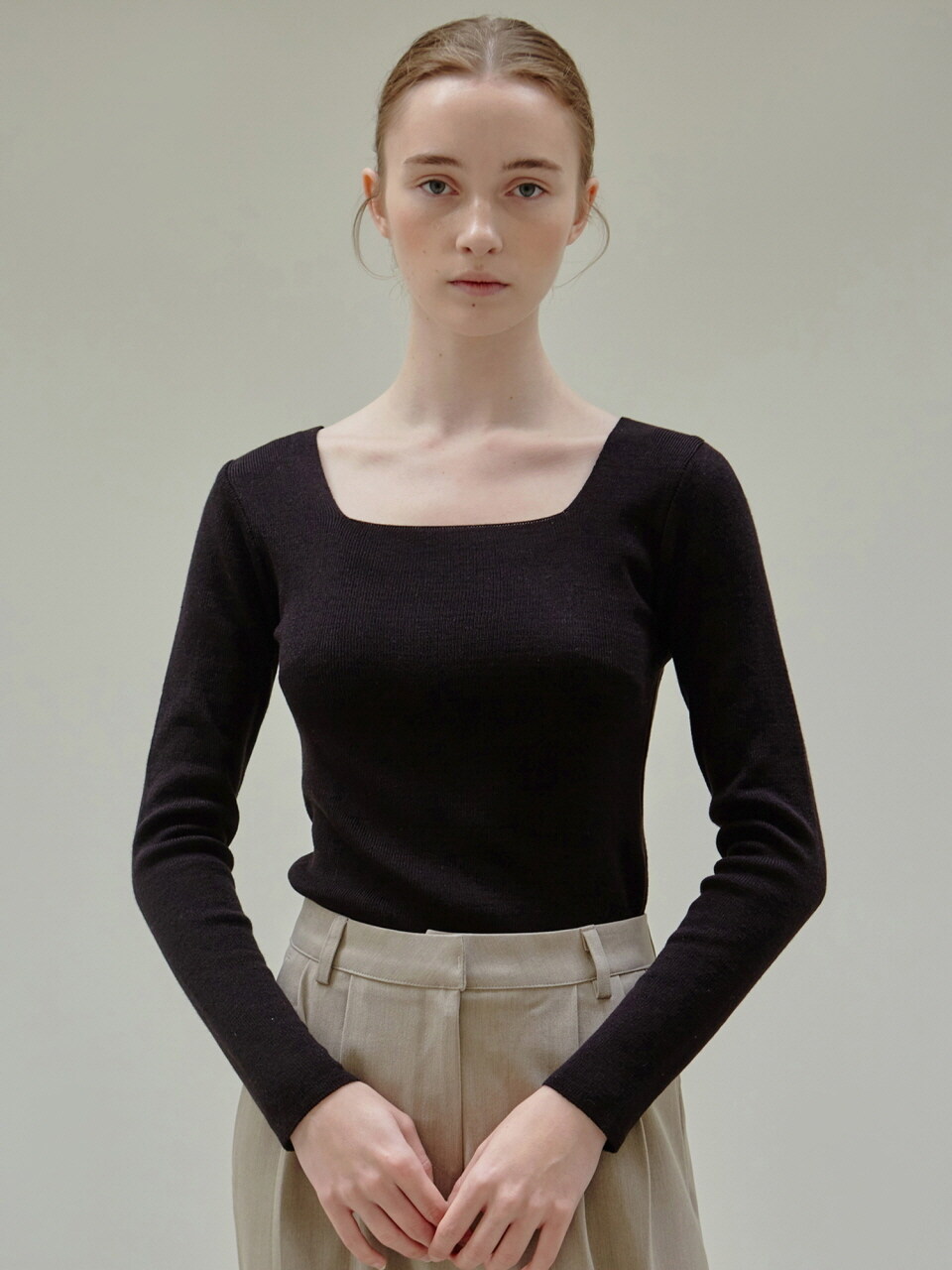 NICK&NICOLE Square Neck Knit Top (Black)