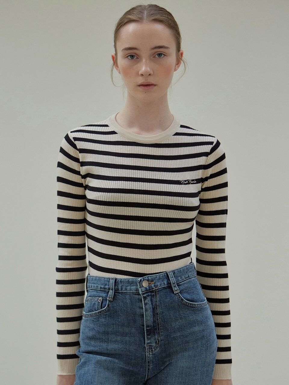 NICK&NICOLE Stripe Slim Knit Top (Light Beige)