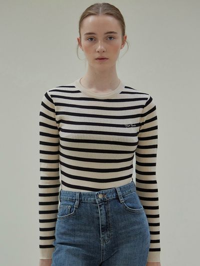 NICK&NICOLE Stripe Slim Knit Top (Light Beige)