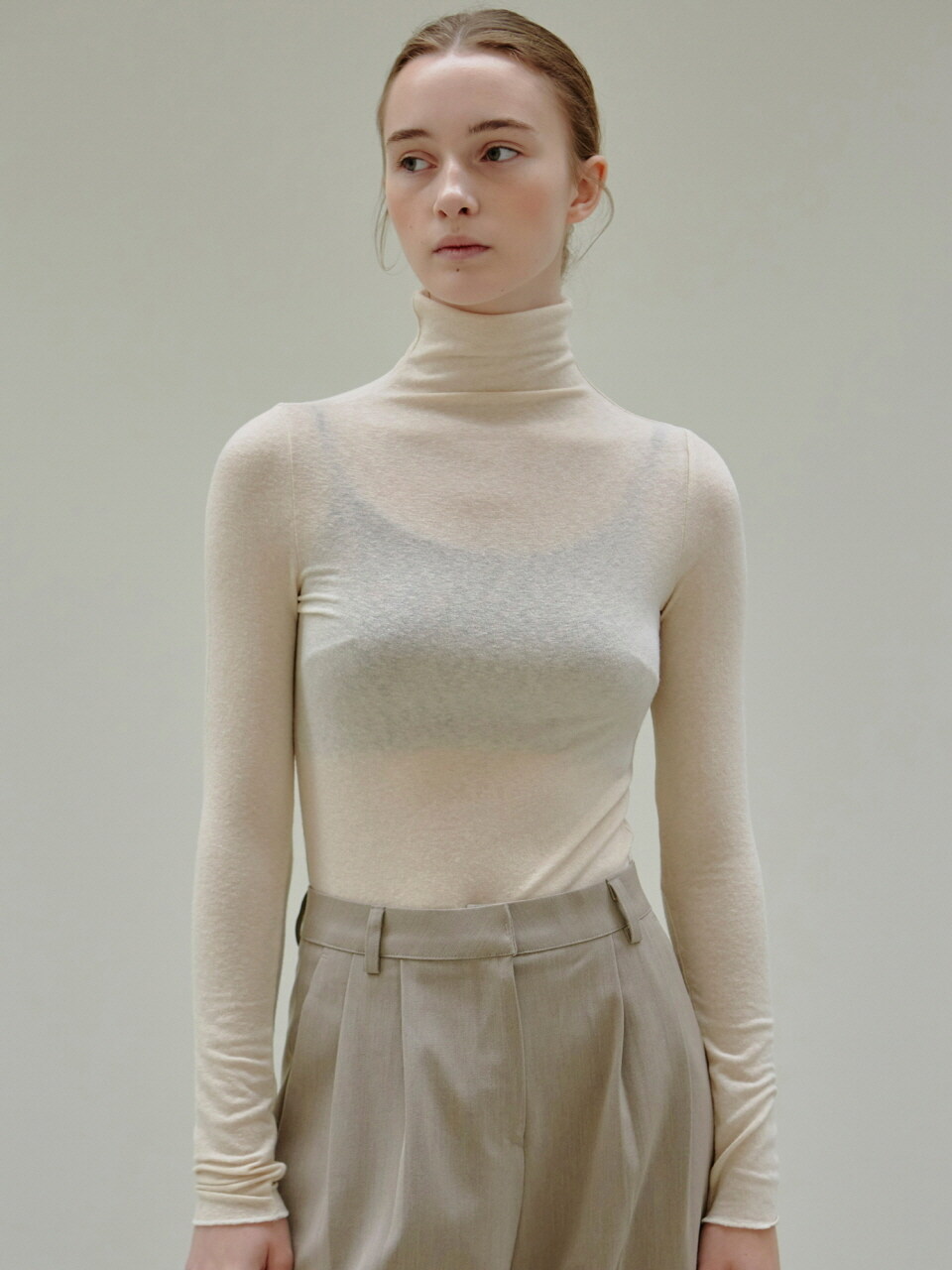 NICK&NICOLE Turtleneck Slim Knit Top (Light Beige)